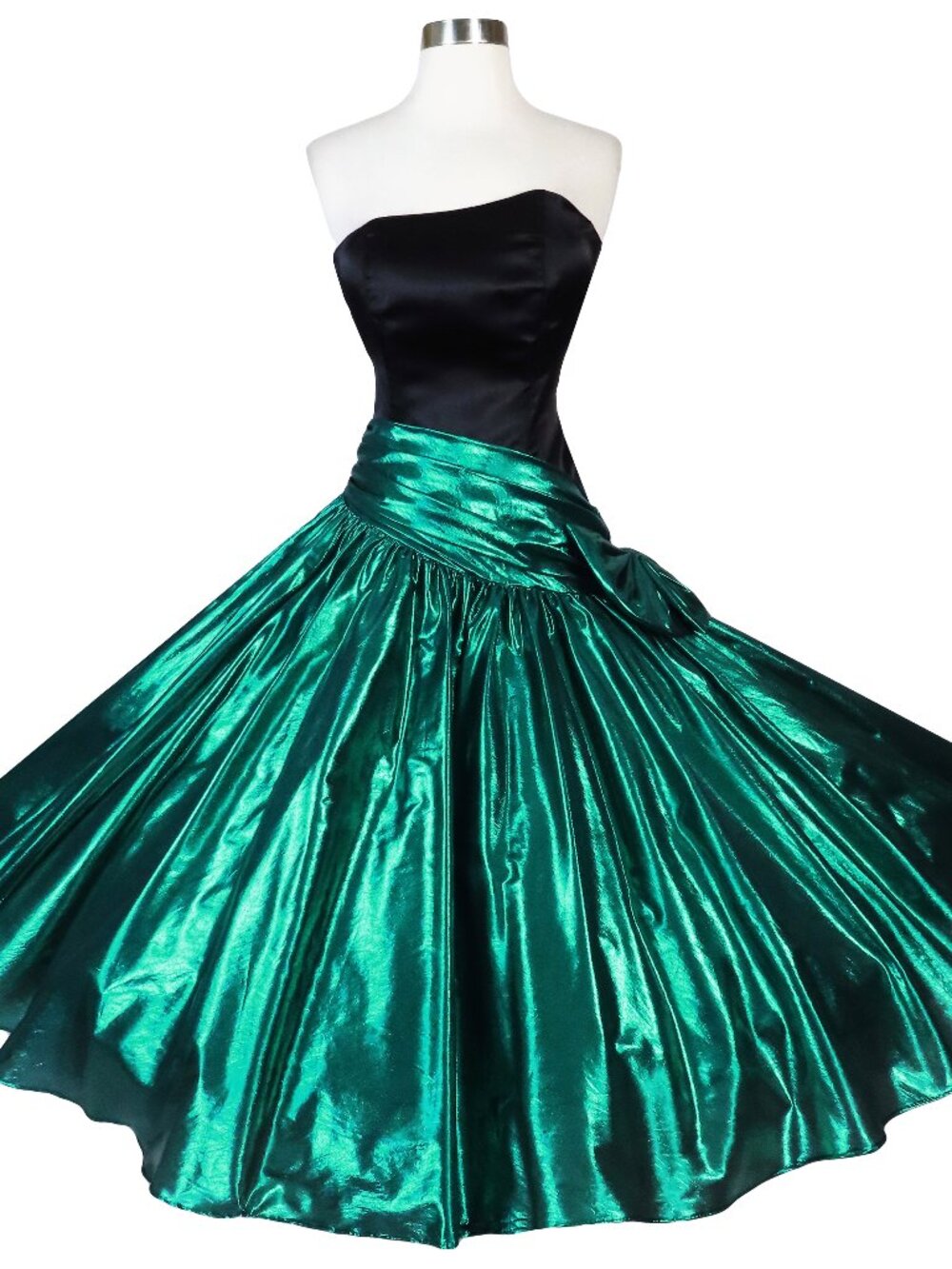 Vintage 80s Black Satin Green Lamé Prom Dress XS Zum Zum Circle Skirt Metallic